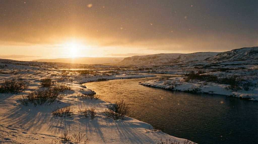 Midnight sun hovering just above the arctic horizon, casting endless golden light across tundra