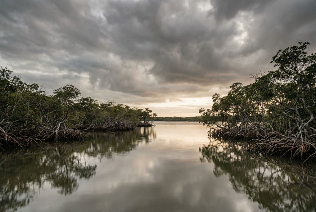 Mangrove-lined estuary at golden hour, still water reflecting tangled roots and warm sky