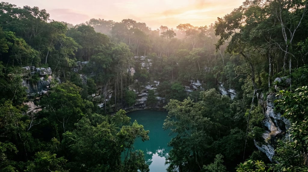 A cenote in dense jungle, circular sinkhole with turquoise water far below (msu4iczv)