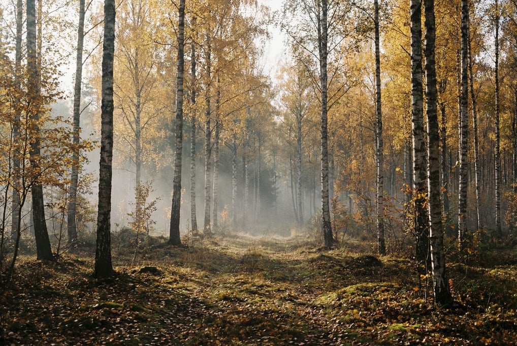 A birch forest in peak autumn, golden leaves against white bark (iaudmgrt)