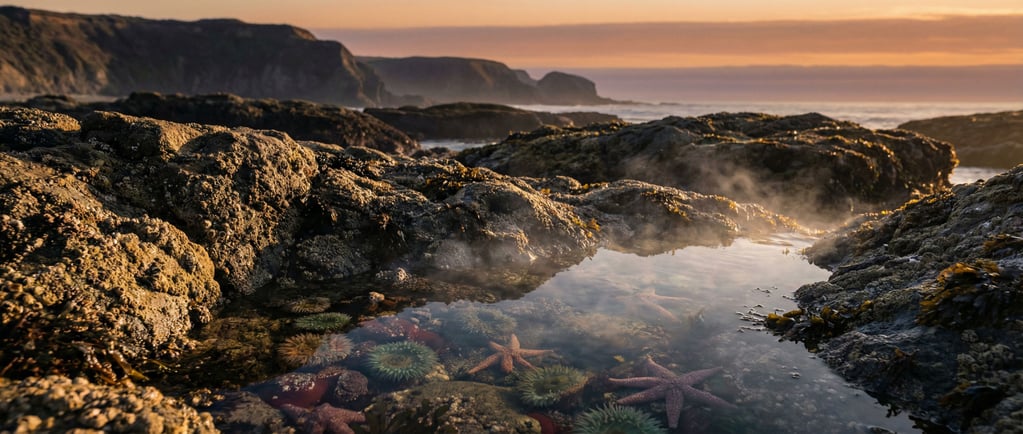 Rocky tide pool at low angle, sea anemones and starfish in shallow crystal-clear water (tx2cnata)