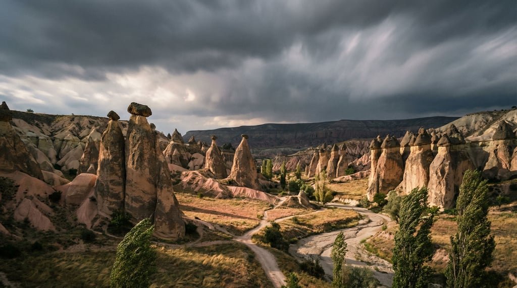 Fairy chimneys in Cappadocia, erosion-carved stone towers with balanced cap rocks (xcngiufs)