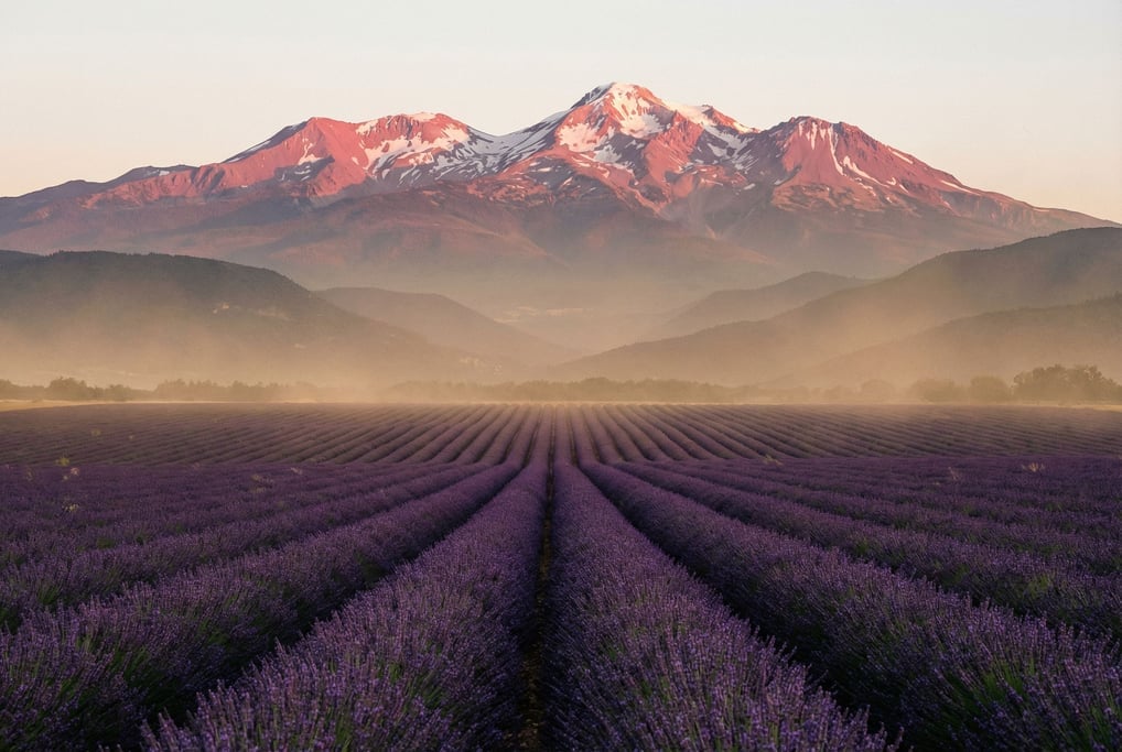Lavender fields in full bloom, purple rows converging toward the horizon (ijgznheo)