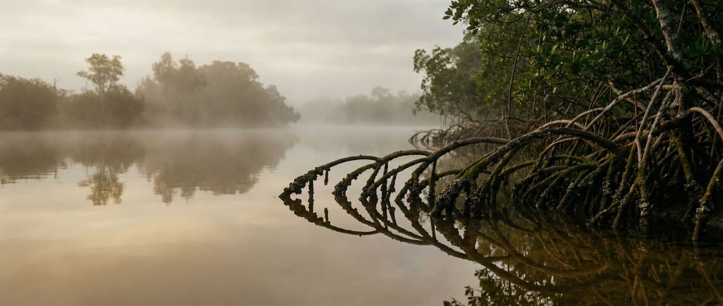 Mangrove-lined estuary at golden hour, still water reflecting tangled roots and warm sky (gdq9yrk2)