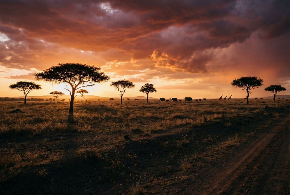 Vast savanna at golden hour, scattered acacia trees silhouetted against a wide orange sky (tu4nouc2)
