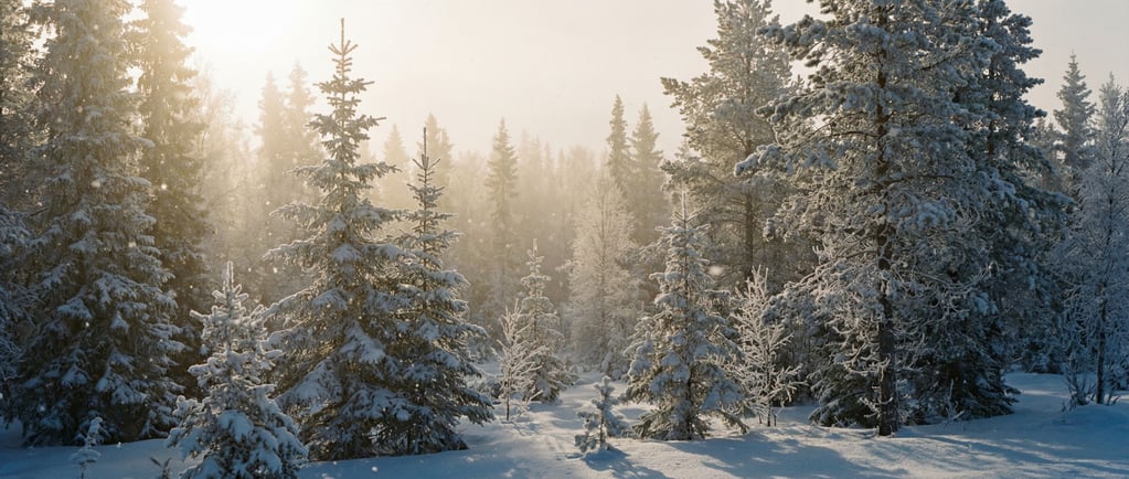 Frost-covered boreal forest at sunrise, every needle and branch outlined in delicate white crystal (gosyl6v)