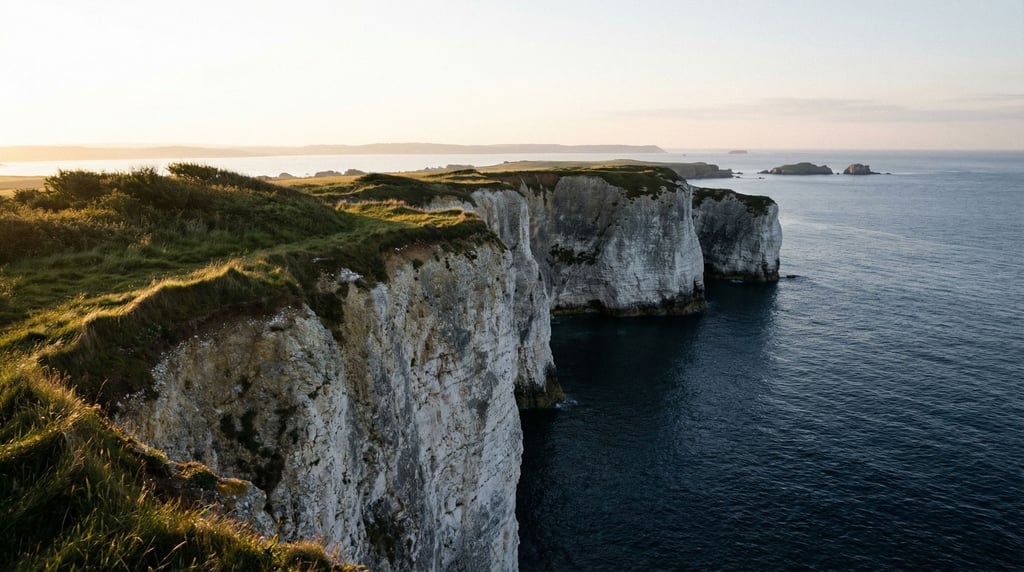 White chalk cliffs dropping vertically into deep blue sea (qtcxaqya)