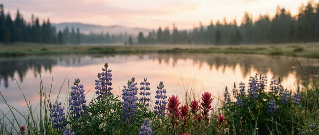 Wildflower meadow at the edge of a pine forest, lupines and paintbrush in vivid purple and red (4qf1aqno)