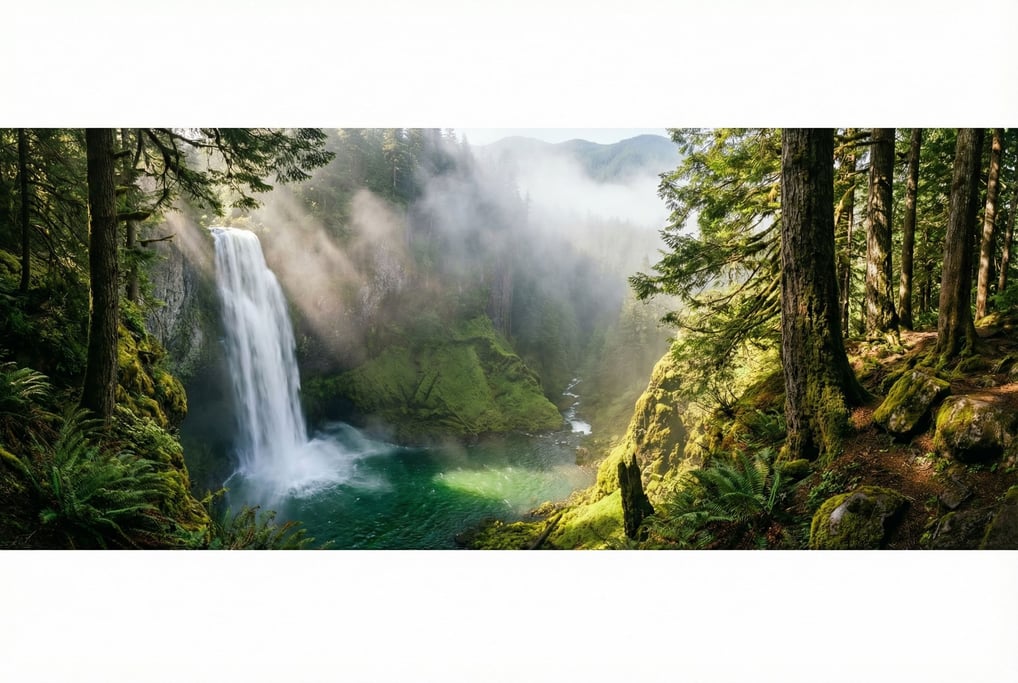 Waterfall plunging into a mossy gorge, mist rising into angled sunbeams, emerald pool at the base (nvlq2wxb)