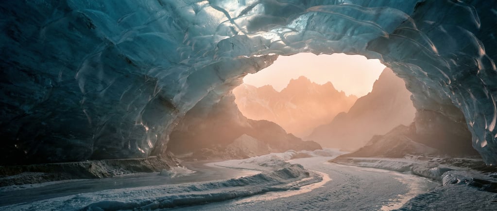 Ice cave interior, translucent blue walls with sunlight filtering through from above (p0zsxe4o)