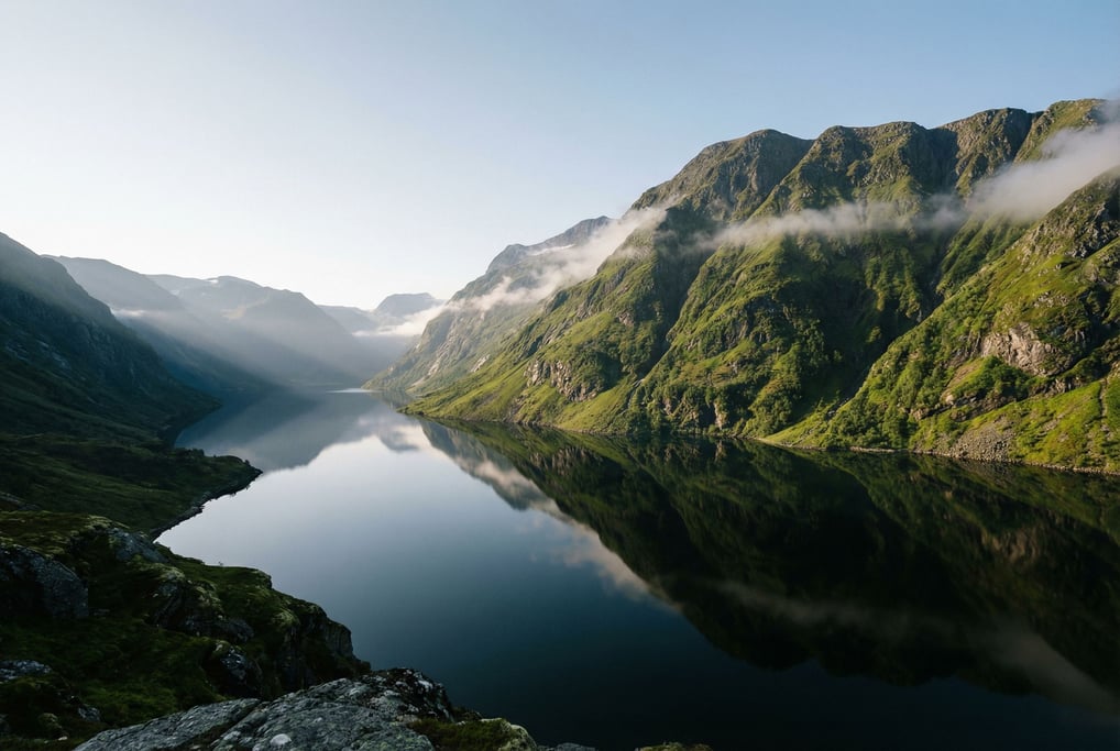 Fjord at dawn, dark mirror-still water stretching between steep green mountains disappearing into mi (0zqq7xex)