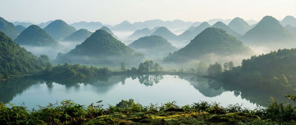 Karst landscape with conical green hills, morning mist pooling in the valleys between them (6cnkym6)