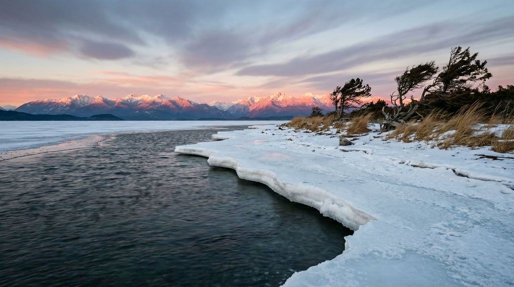 Frozen ocean shoreline, shelf ice meeting dark open water at a sharp boundary line (ktzi4qaa)