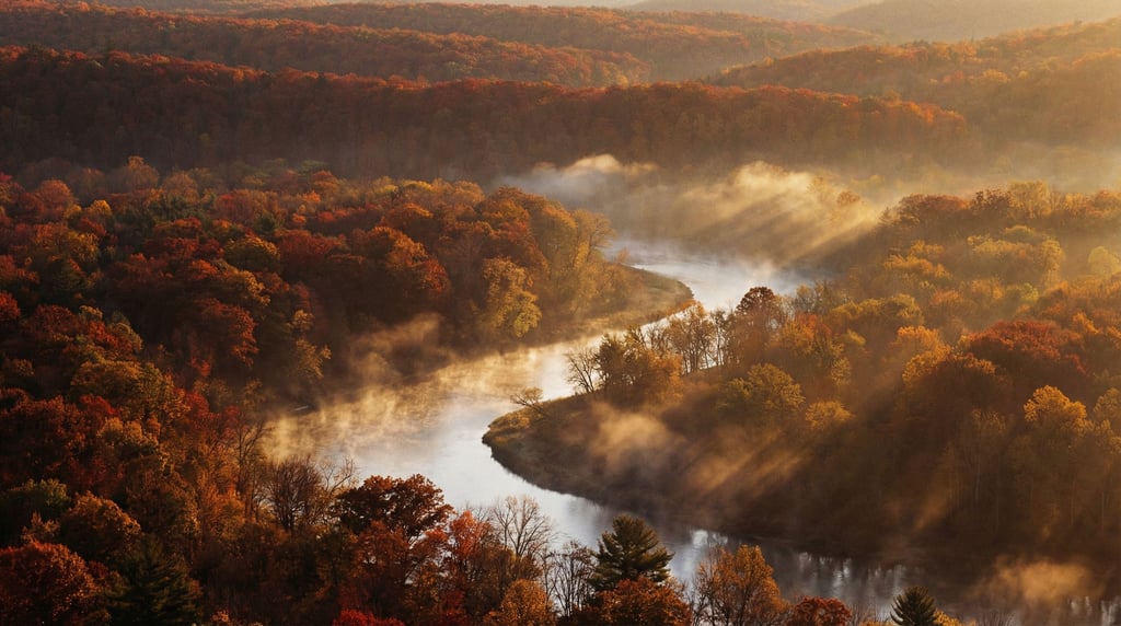 Meandering river through dense autumn forest seen from above (pjurnv51)