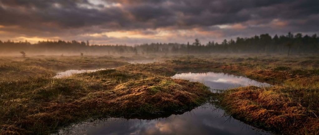 Peat bog at dawn, pools of dark water between hummocks of sphagnum moss, mist hanging low (oo09ltyc)