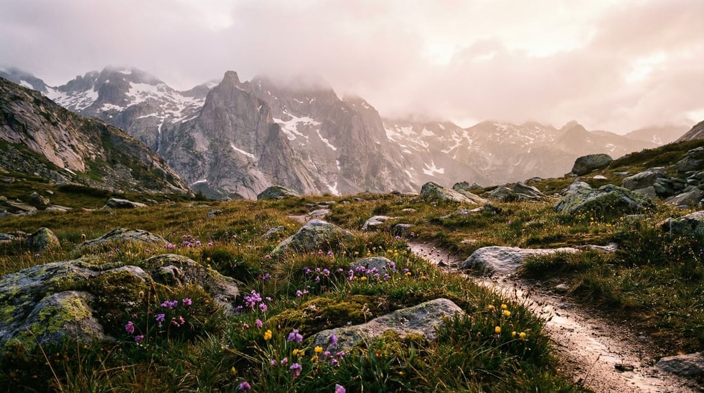 A high alpine meadow above treeline, tiny wildflowers among rocks (bnc7utgs)