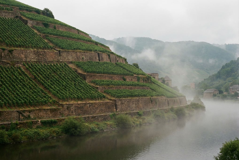 Vineyard rows on steep hillside terraces (2fix9dm5)