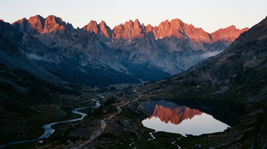 A jagged granite ridge at dawn, the first rays of sunlight hitting only the highest peaks while vall (rhkgmp1m)