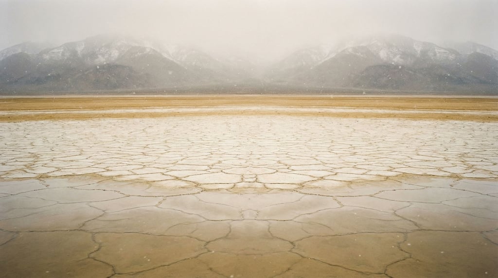 Dried lakebed with cracking mud patterns stretching to distant mountains, bleached white and minimal (m8pl1hqg)