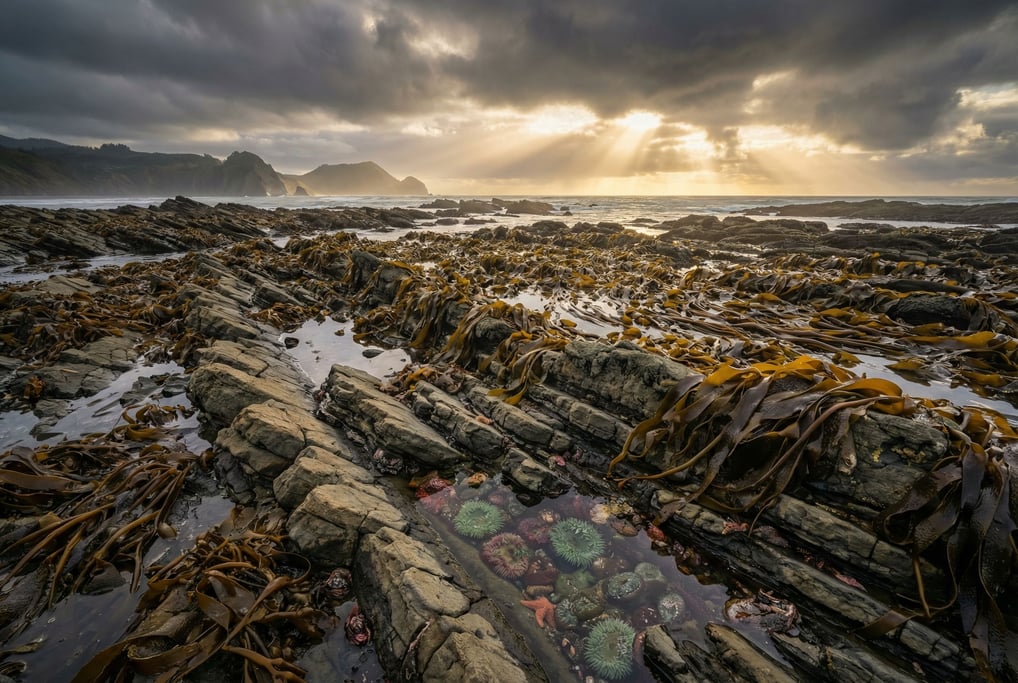 Wave-cut platform at very low tide, tide pools and kelp exposed, rocky shoreline geometry (xtdwdffs)