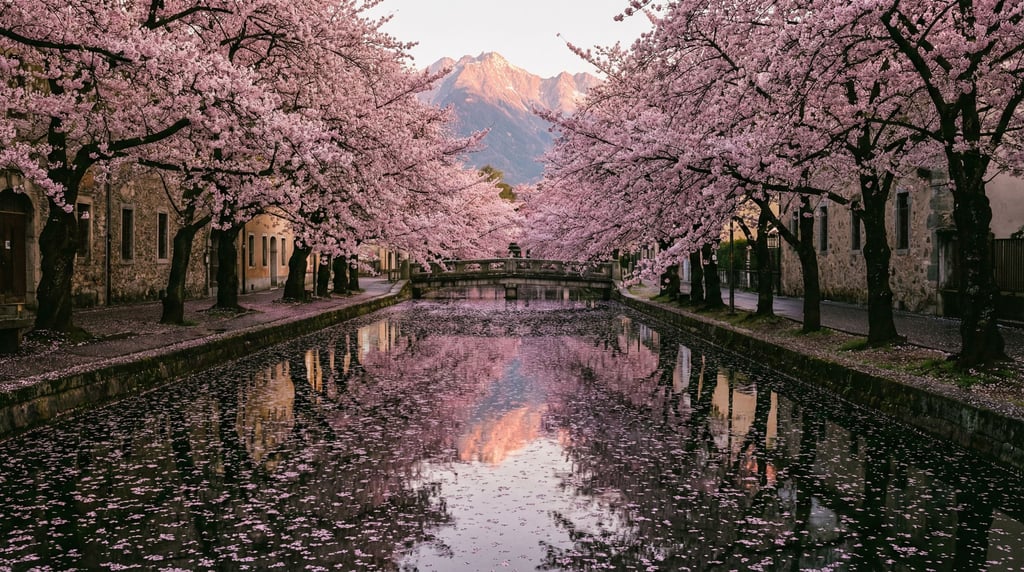 Cherry blossom canopy over a still canal, pink petals floating on dark water, spring in full force (1a37emg)