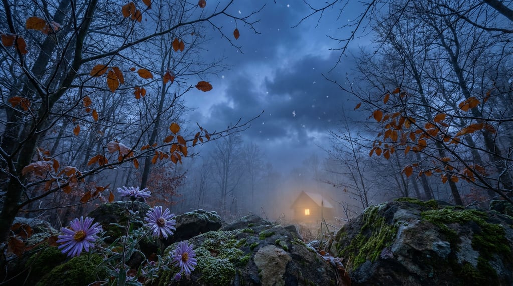 First snow settling on autumn leaves still clinging to branches, two seasons colliding in one frame (lxwtxmwr)