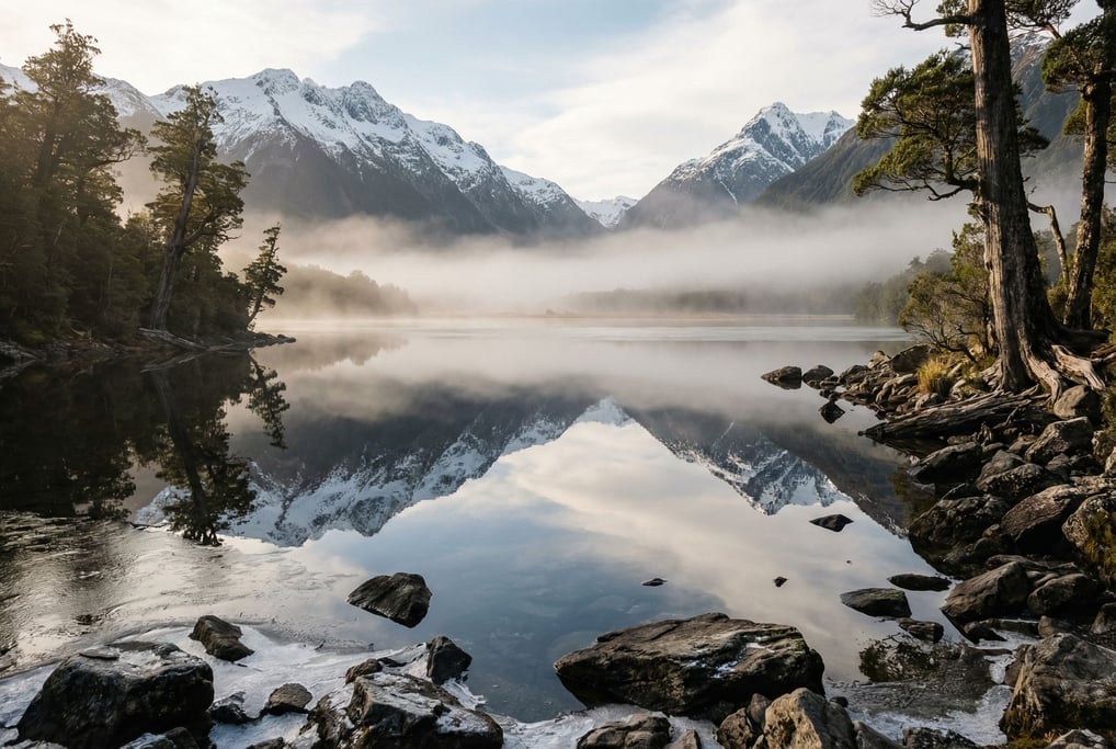 Mirror-perfect mountain lake reflecting snow-capped peaks (bbbtx8o4)