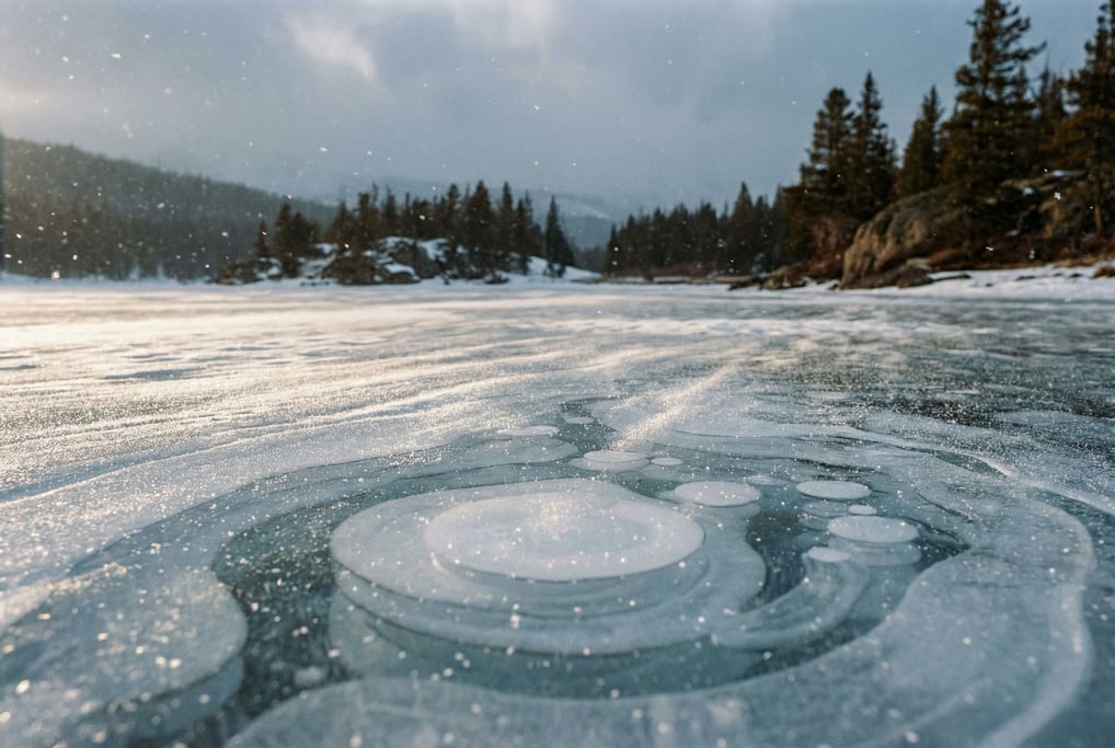 Frozen lake with methane bubbles trapped in layers of clear ice (l4s3ahf)