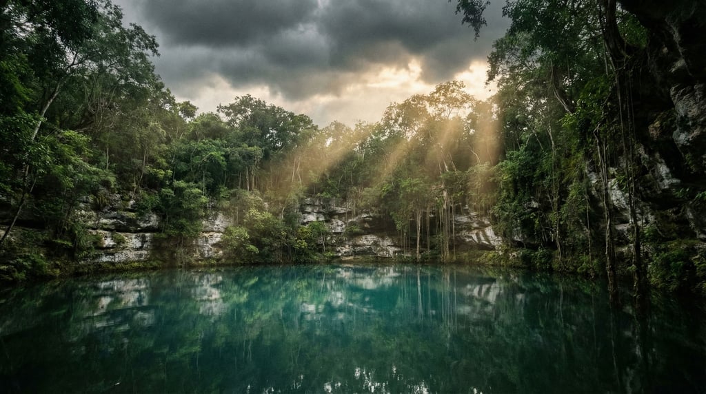 A cenote in dense jungle, circular sinkhole with turquoise water far below (s5hcx0cd)