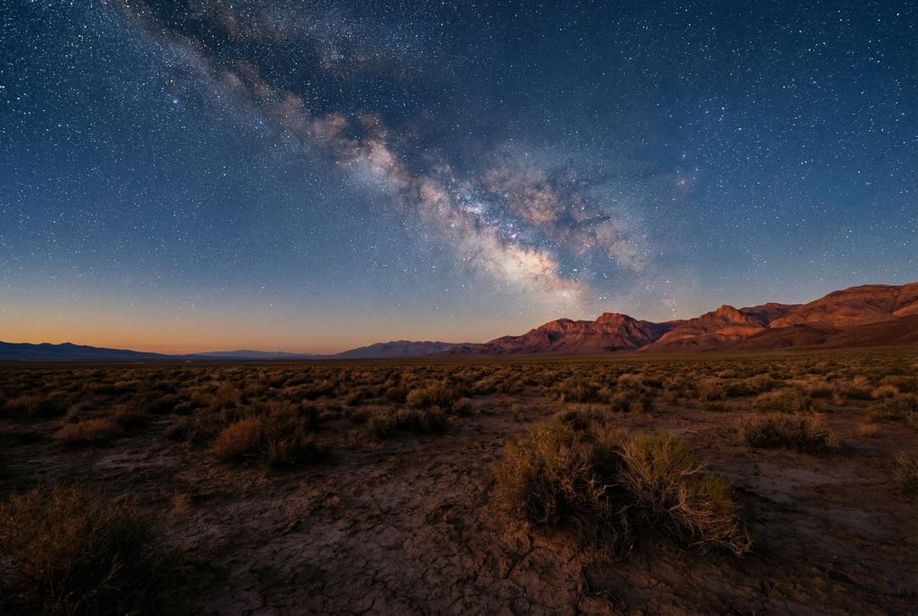 Milky Way arching over a flat desert landscape, stars sharp and countless, no light pollution (pxoxlqpy)
