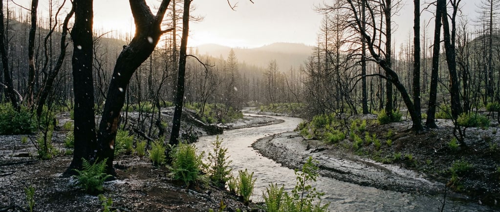 A burned forest regenerating, blackened trunks with bright green new growth pushing through ash-cove (xymhyovv)