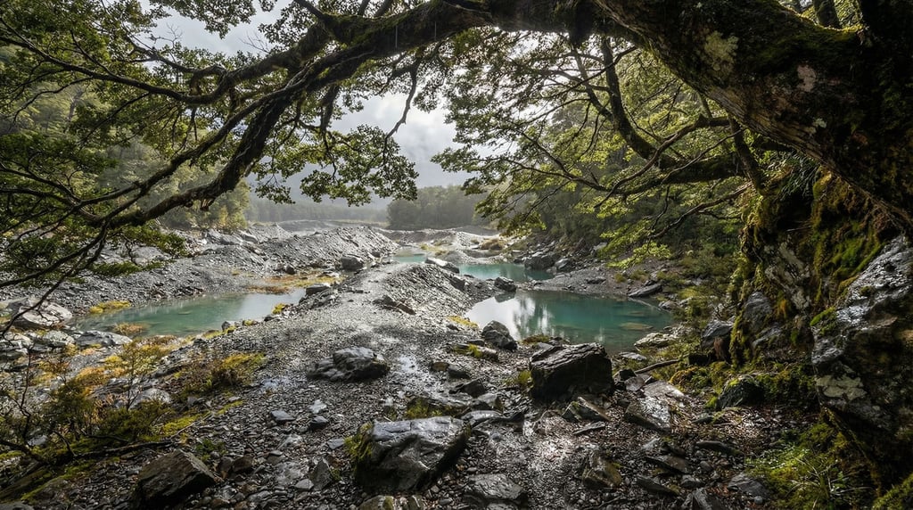 Glacial moraine landscape, gray gravel ridges and turquoise kettle ponds left behind by retreating i (jpltxq)