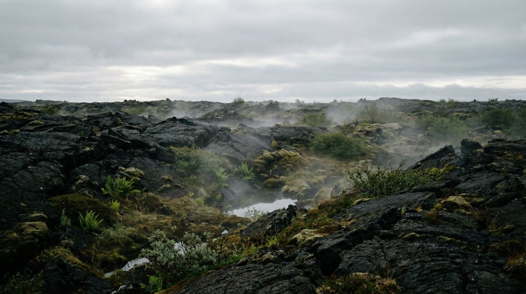 Volcanic lava field with pioneer vegetation pushing through cracks in black rock (2o1ixcy8)