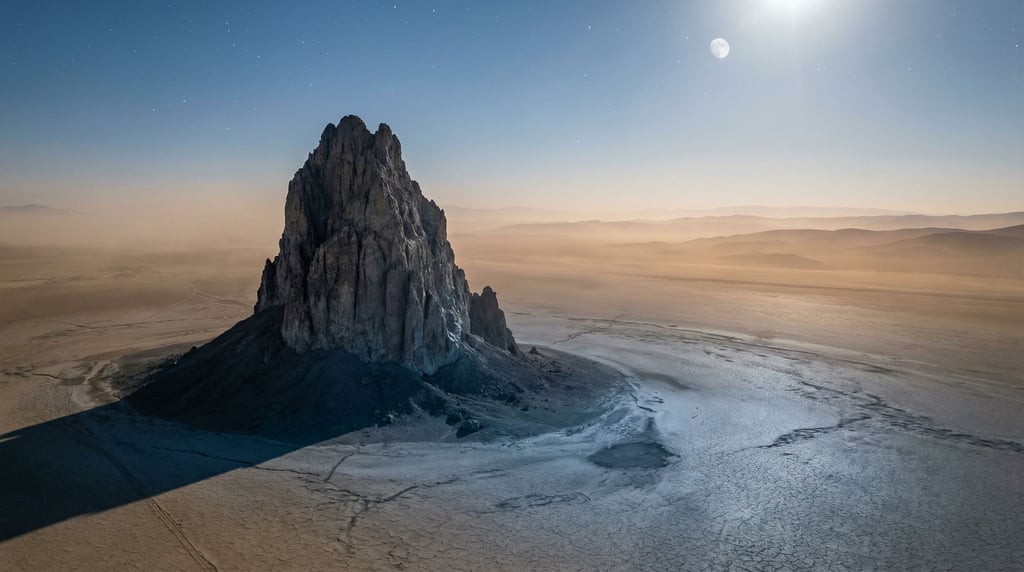 A volcanic plug rising alone from flat desert (uzecnxel)