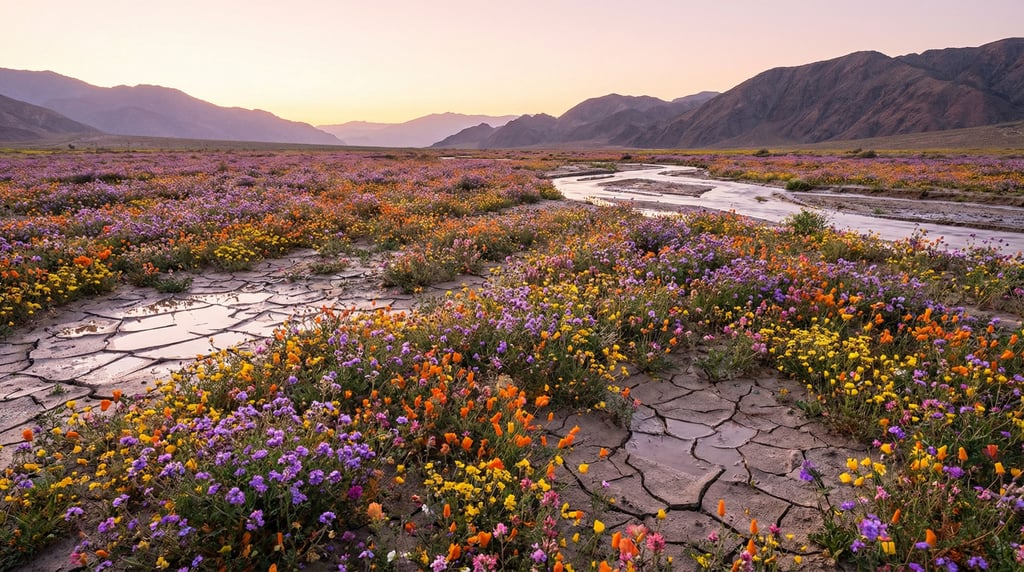 Desert wildflower superbloom, millions of tiny flowers carpeting cracked earth in vivid color to the (d0gxalnc)