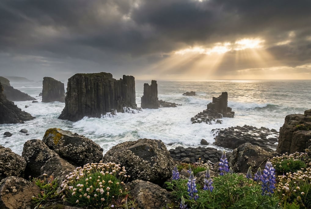 Sea stacks along a foggy coastline, dark basalt pillars rising from churning white surf (qf6tfpki)