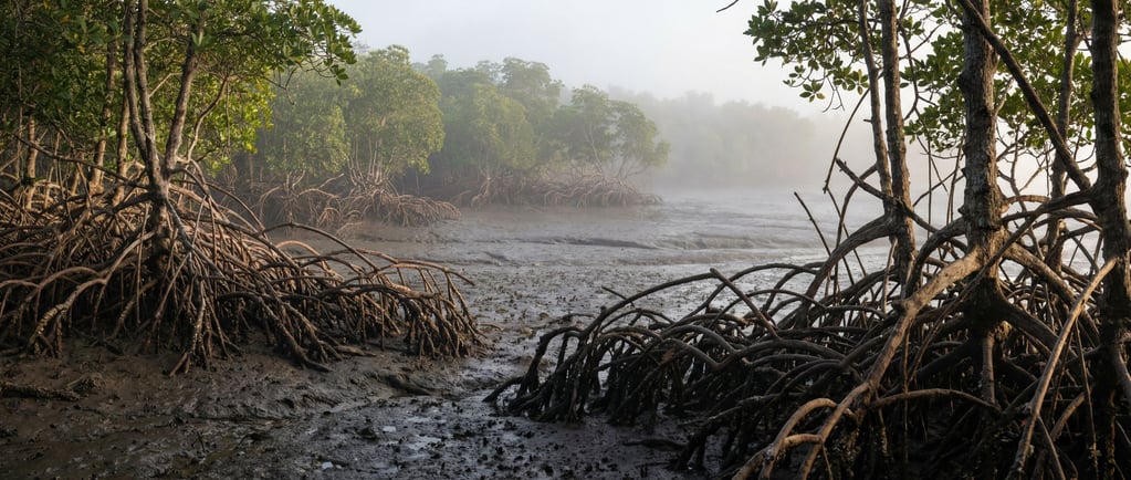 Mangrove forest at low tide, twisted root systems exposed above dark mud (3kcrg5e5)