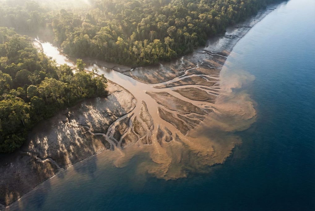 River delta branching into the sea seen from high above (sv11yoqb)