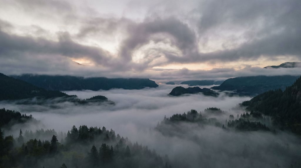 Fog filling a mountain valley at sunrise, treetops poking through like dark islands in a white sea (58jiepsa)