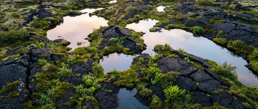 Volcanic lava field with pioneer vegetation pushing through cracks in black rock (83rvu6py)