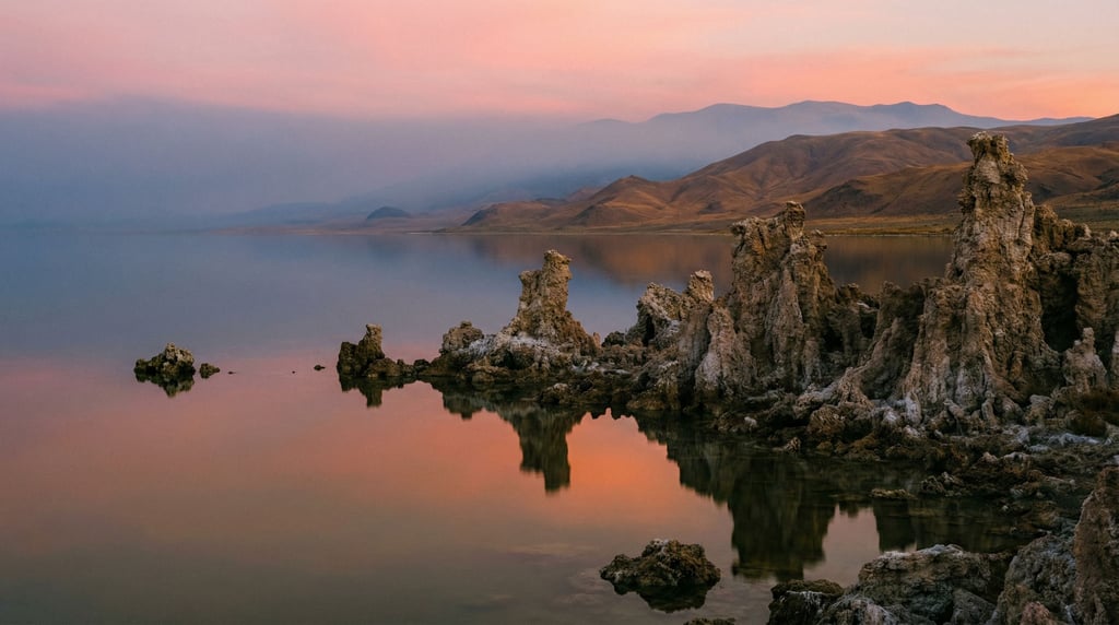 Tufa towers rising from alkaline lake water (miguzm3g)