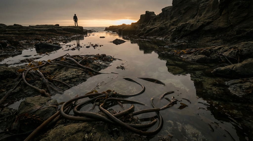Wave-cut platform at very low tide, tide pools and kelp exposed, rocky shoreline geometry (pfpqabxl)