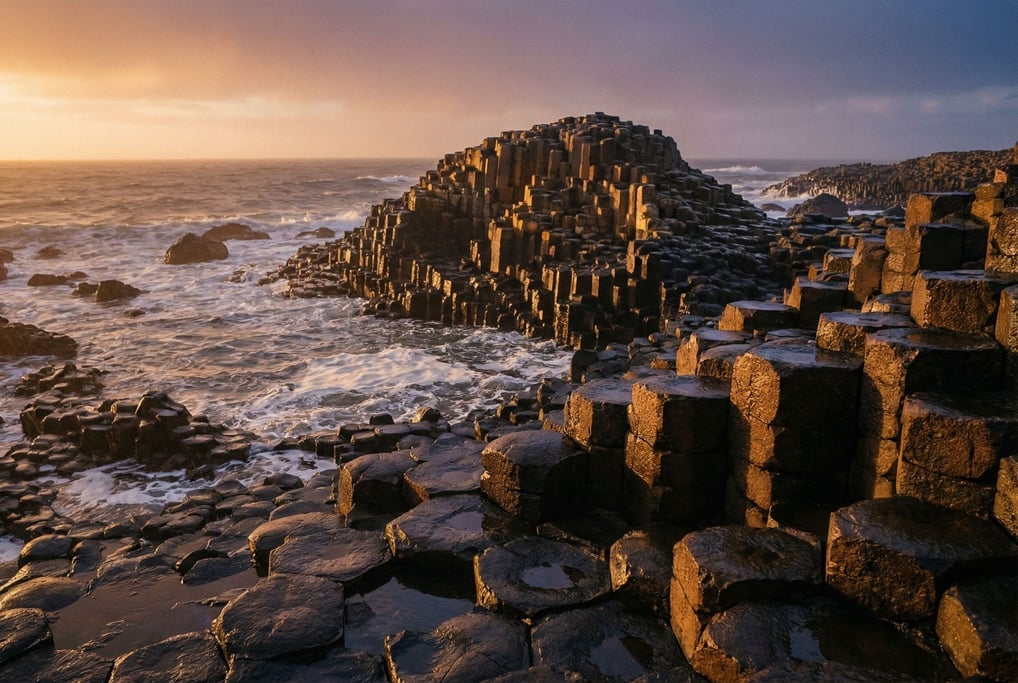 Giant hexagonal basalt columns at the edge of the sea, geometric natural forms worn smooth by waves (2wh1d6t)