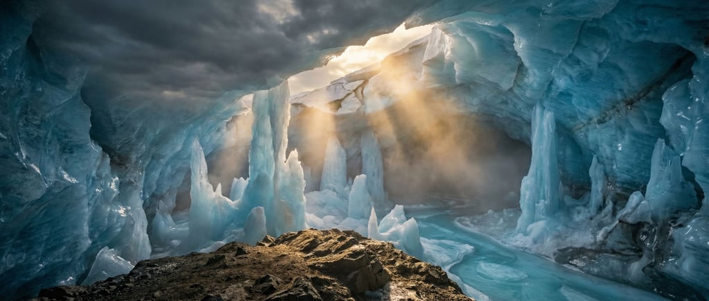 Ice cave interior, translucent blue walls with sunlight filtering through from above (hpbaefei)
