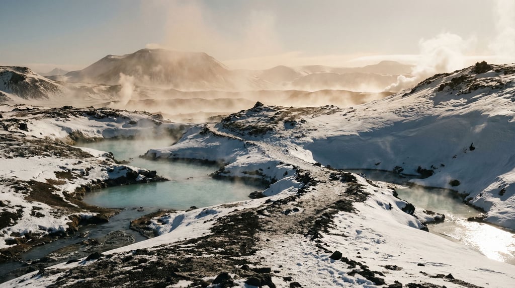 Snow-covered volcanic hot springs, steam rising from turquoise mineral pools into sub-zero air (4sakv3qp)