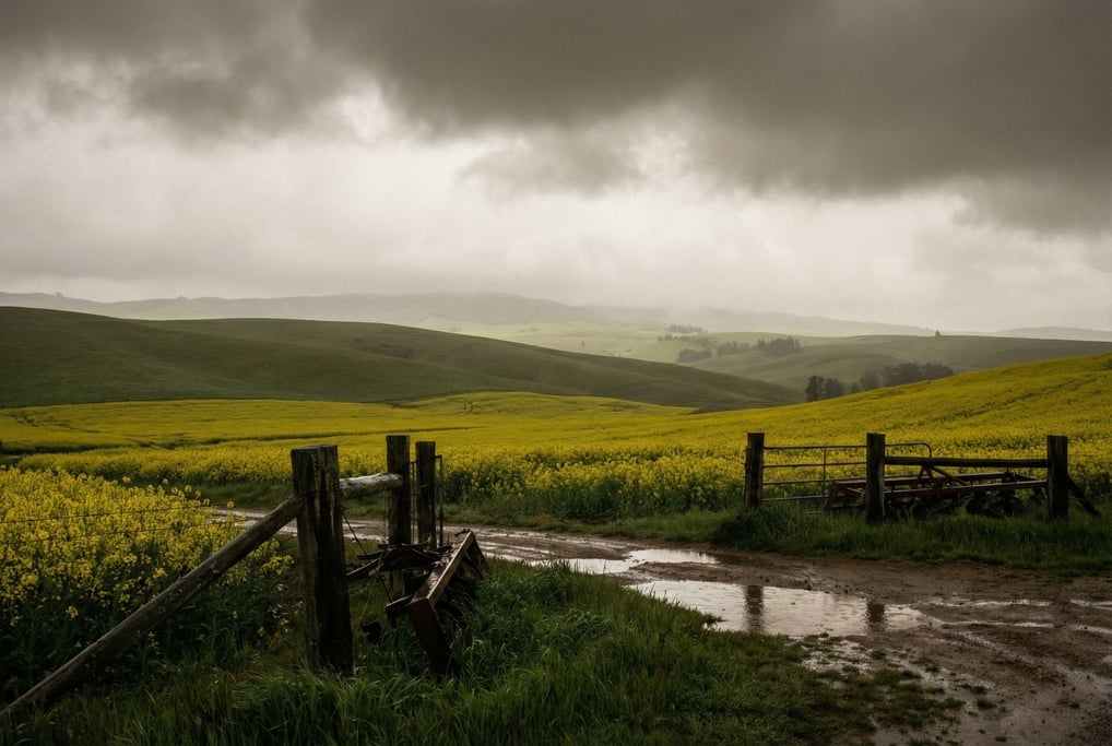 Canola fields in full bloom, vivid yellow stretching to green rolling hills under dramatic clouds (llgwpm9y)