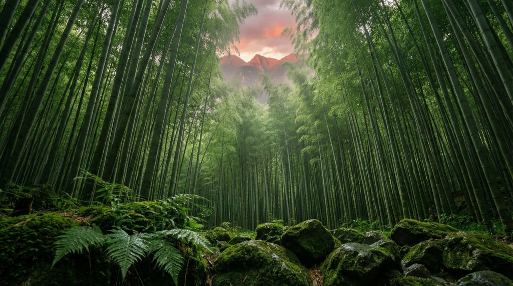 Bamboo grove, perfectly vertical green stalks in dense rows (0m8tffoe)