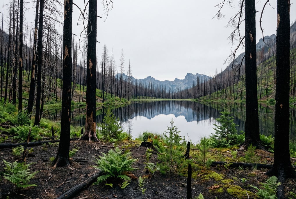 A burned forest regenerating, blackened trunks with bright green new growth pushing through ash-cove (smuyhrd)