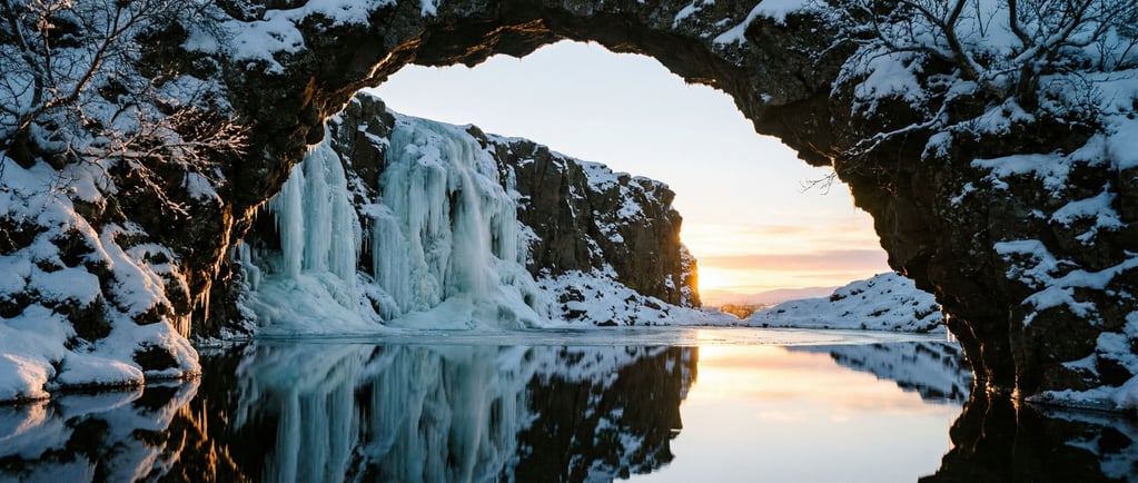 A frozen waterfall cascading down a basalt cliff face, ice formations in pale blue and white (hnqbut8x)