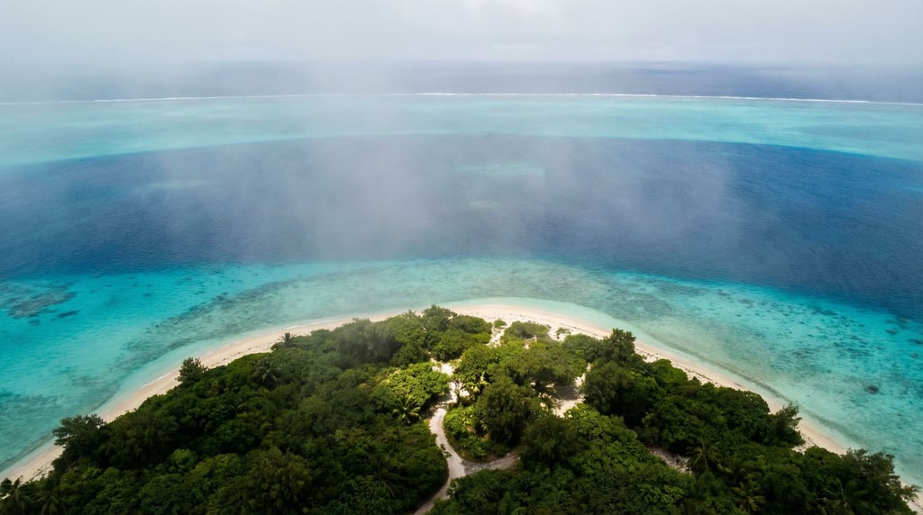 A coral atoll from above, concentric rings of turquoise, aquamarine, and deep indigo water (fj3f6lb)